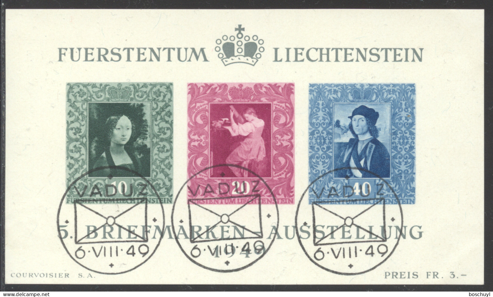 Liechtenstein, 1949, Paintings, Da Vinci, Raffael, Art, Vaduz Philatelic Exhibition, FD Cancelled, LH, Michel Block 5 - Blokken