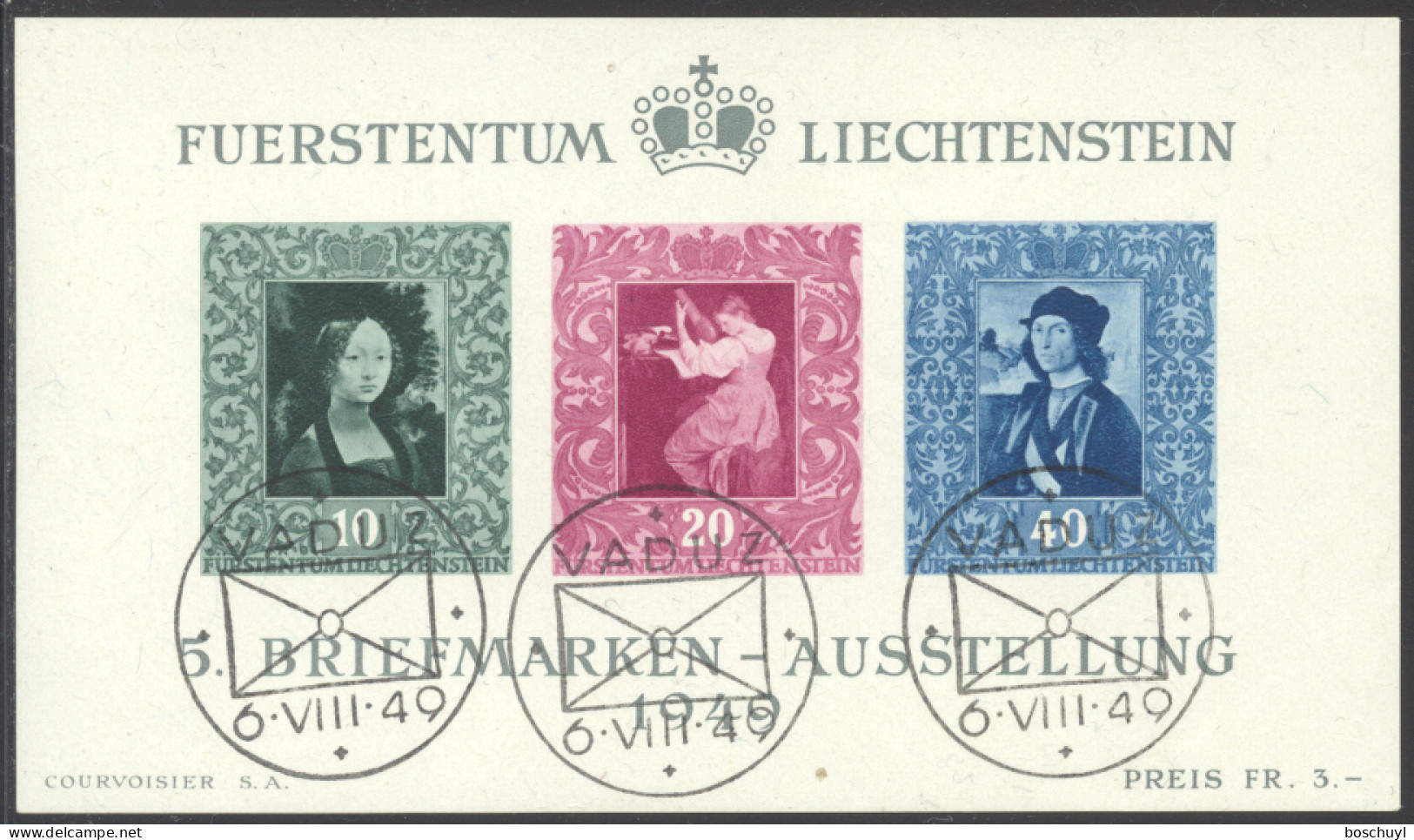 Liechtenstein, 1949, Paintings, Da Vinci, Raffael, Art, Vaduz Philatelic Exhibition, FD Cancelled, Gum, Michel Block 5 - Blocks & Kleinbögen