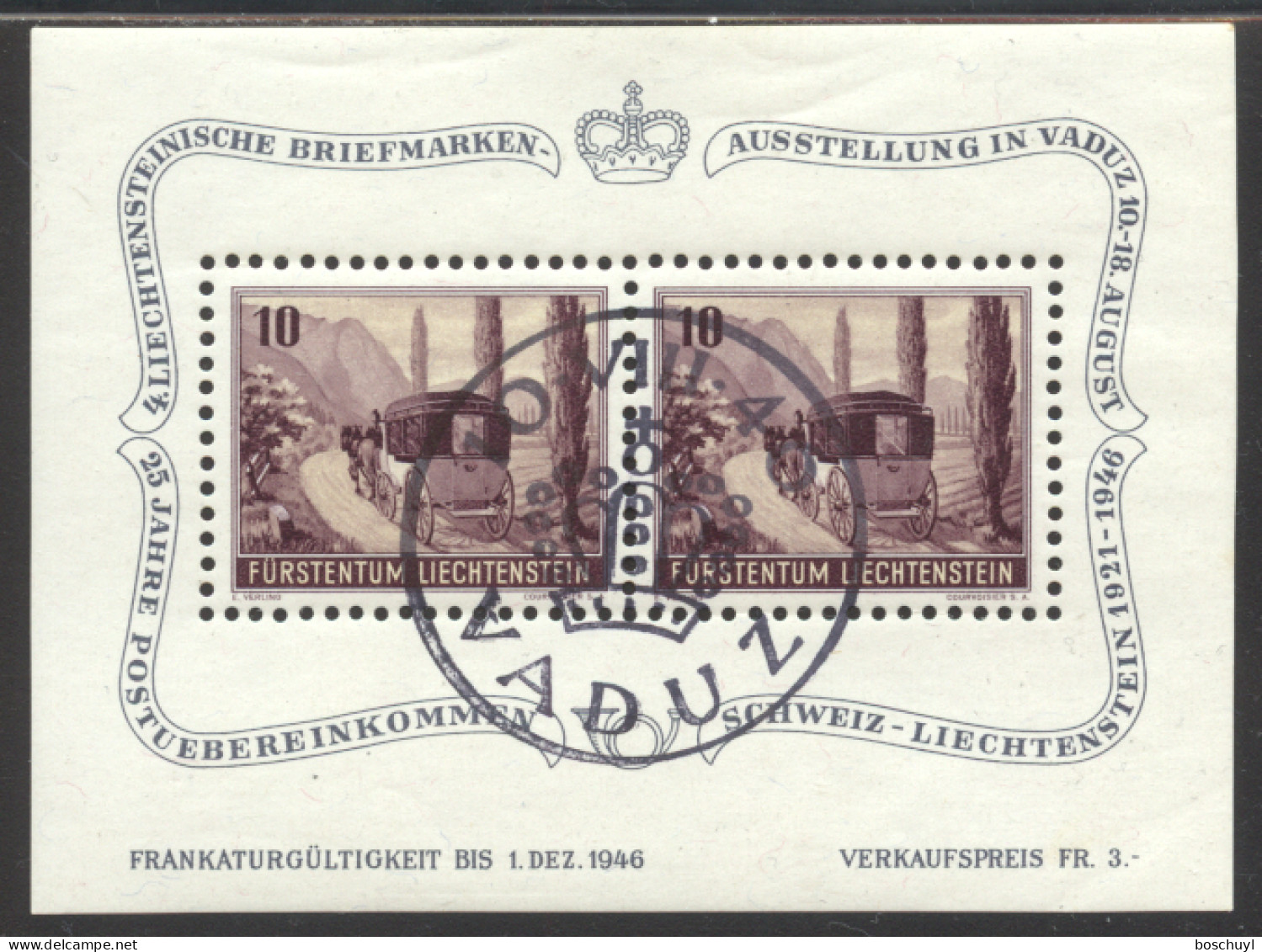 Liechtenstein, 1946, Coach, Horses, Postal Treaty, Philatelic Exhibition, Cancelled, Full Gum, Michel Block 4 - Blokken