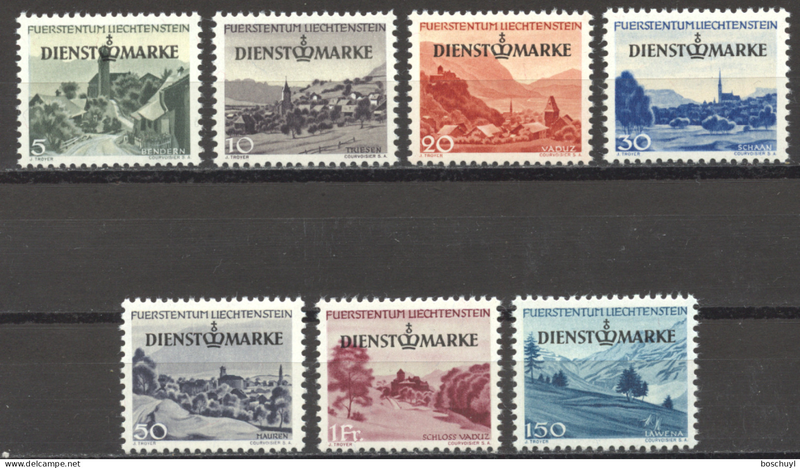 Liechtenstein, 1947, Service Stamps, Landscapes, Scenery, Overprinted, MNH, Michel 28-34 - Ungebraucht