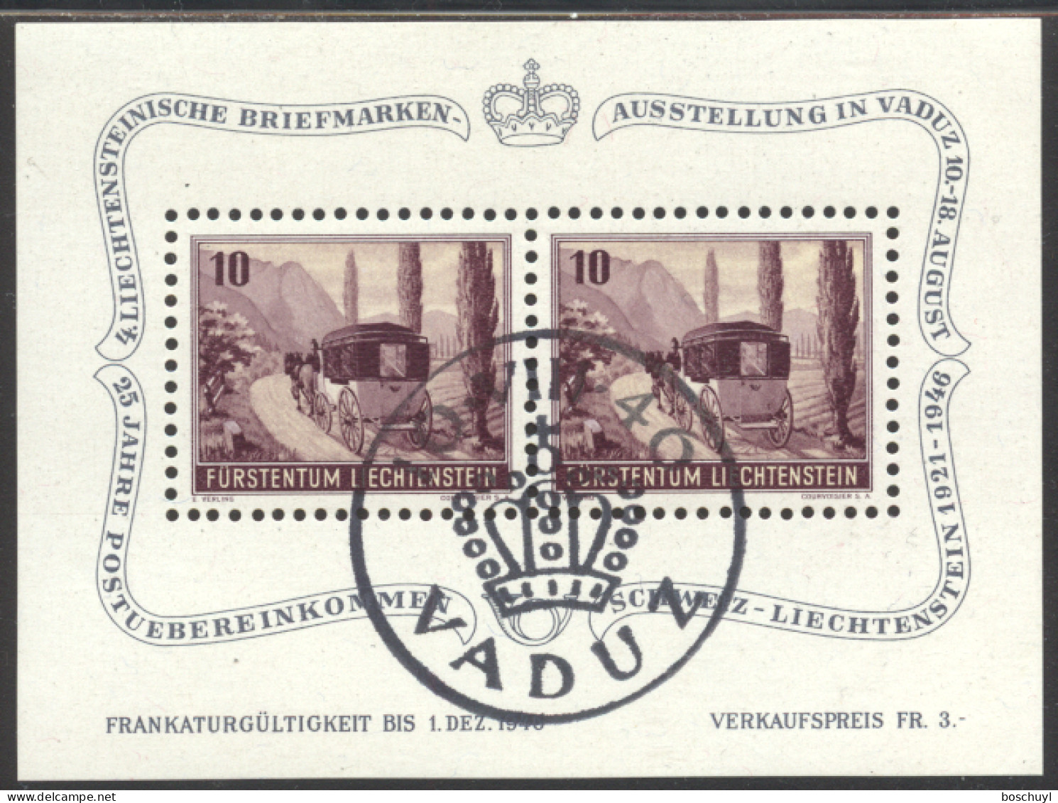 Liechtenstein, 1946, Coach, Horses, Postal Treaty, Philatelic Exhibition, Cancelled, Full Gum, Michel Block 4 - Blocks & Kleinbögen