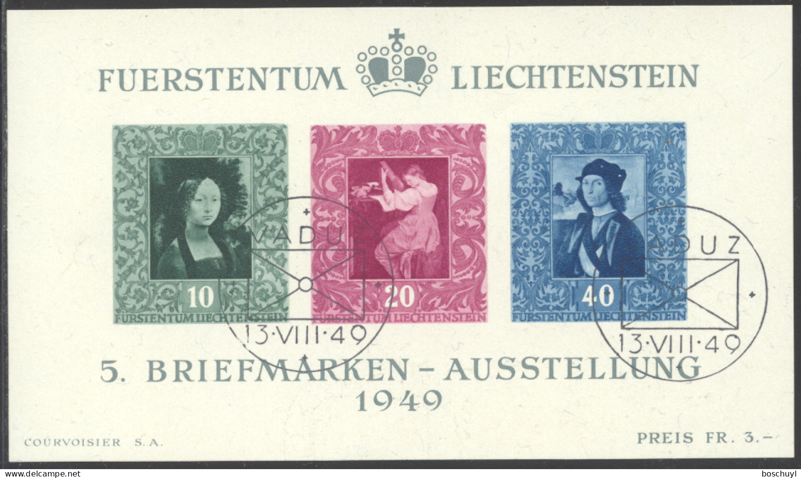 Liechtenstein, 1949, Paintings, Da Vinci, Raffael, Art, Vaduz Philatelic Exhibition, Cancelled, Full Gum, Michel Block 5 - Blocks & Kleinbögen