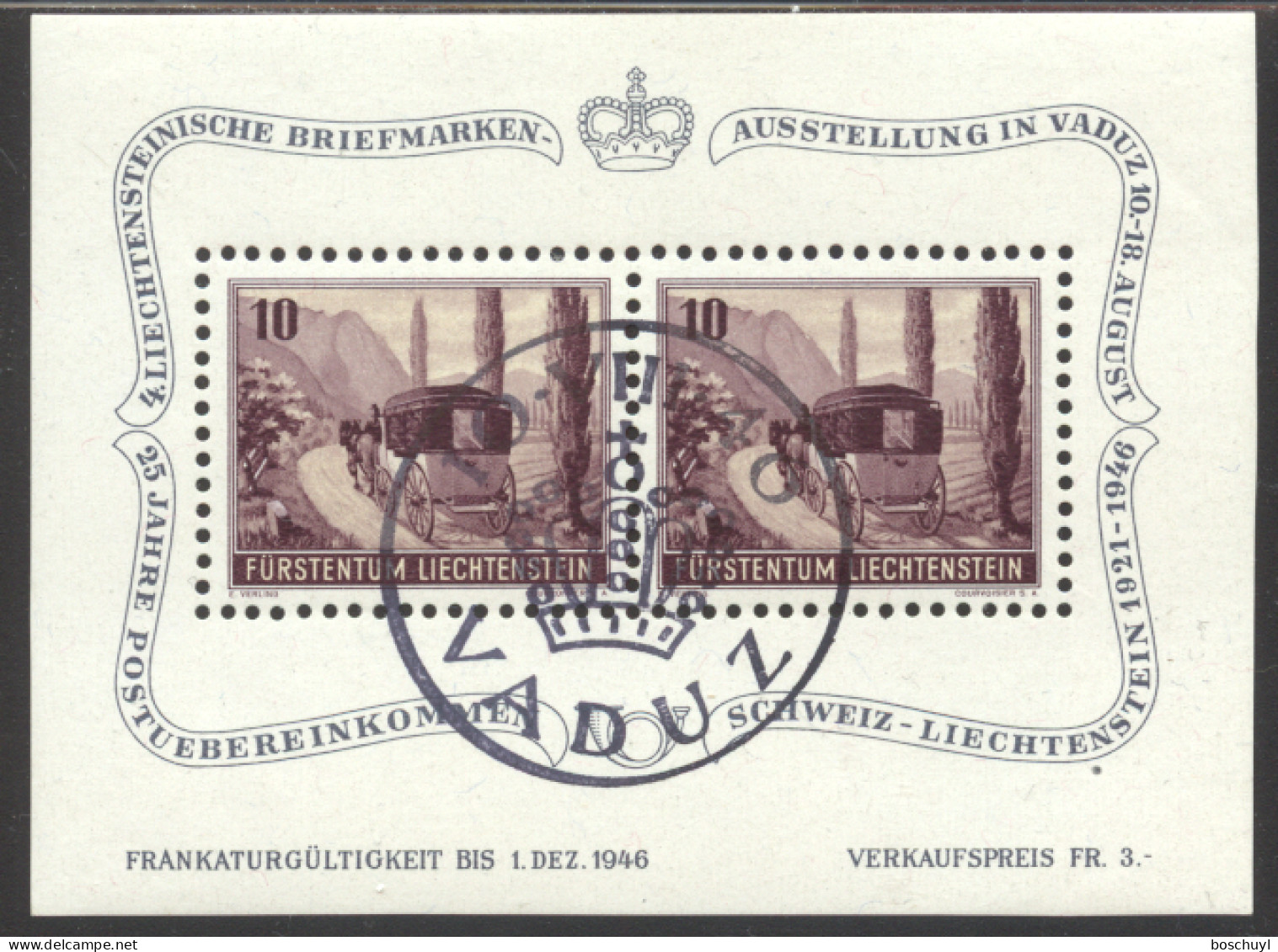 Liechtenstein, 1946, Coach, Horses, Postal Treaty, Philatelic Exhibition, Cancelled, Full Gum, Michel Block 4 - Blocchi & Fogli