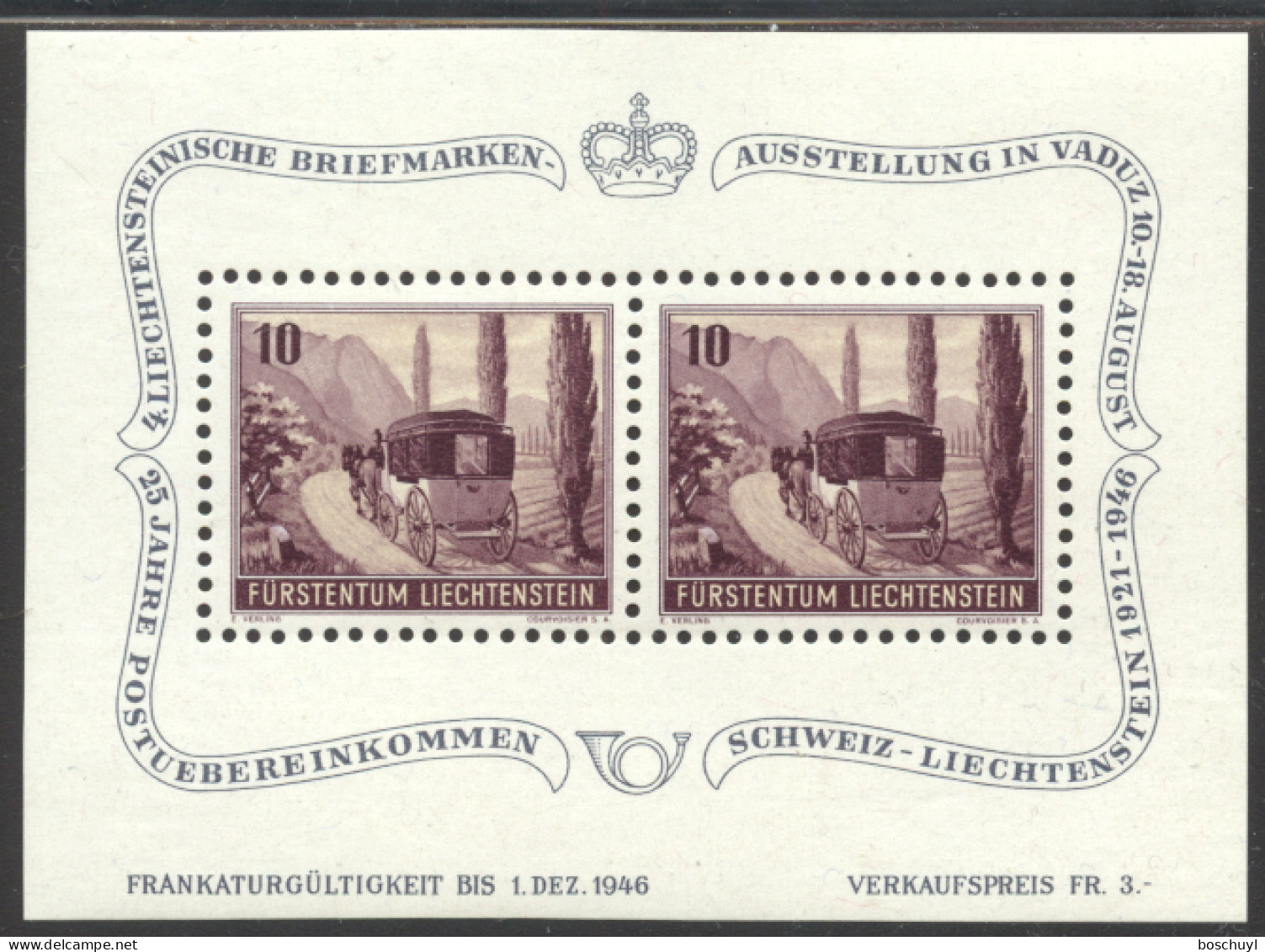 Liechtenstein, 1946, Coach, Horses, Postal Treaty, Philatelic Exhibition, MNH, Michel Block 4 - Blocks & Kleinbögen