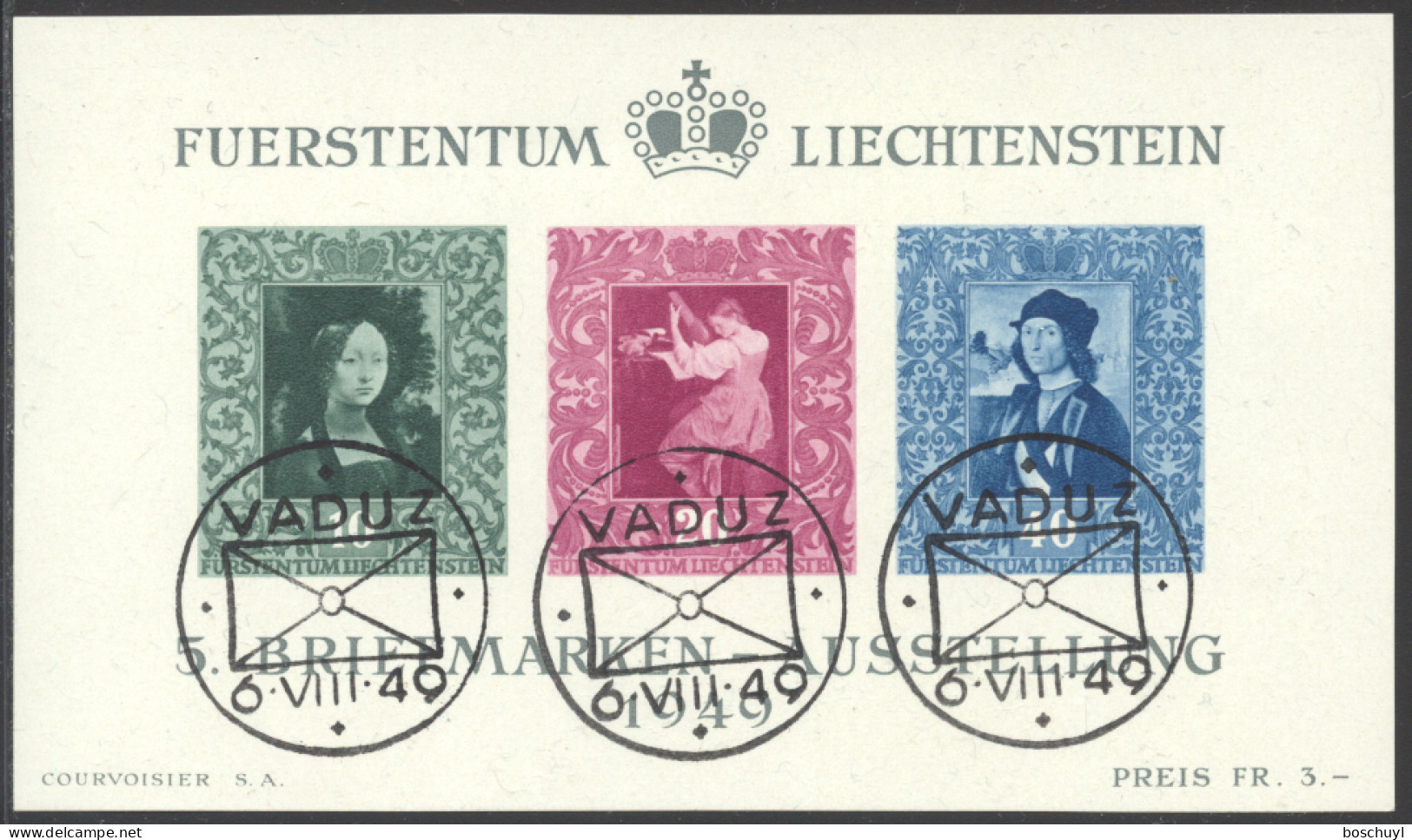 Liechtenstein, 1949, Paintings, Da Vinci, Raffael, Art, Vaduz Philatelic Exhibition, FD Cancelled, Gum, Michel Block 5 - Blocks & Sheetlets & Panes