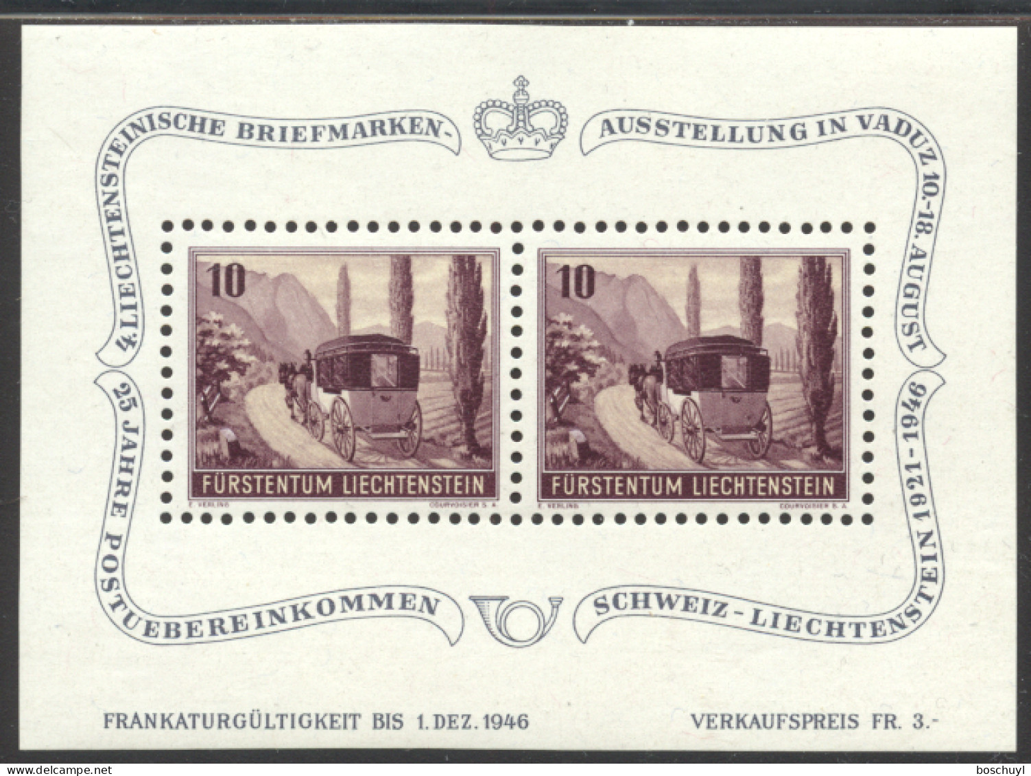 Liechtenstein, 1946, Coach, Horses, Postal Treaty, Philatelic Exhibition, MLH, Michel Block 4 - Bloques & Hojas