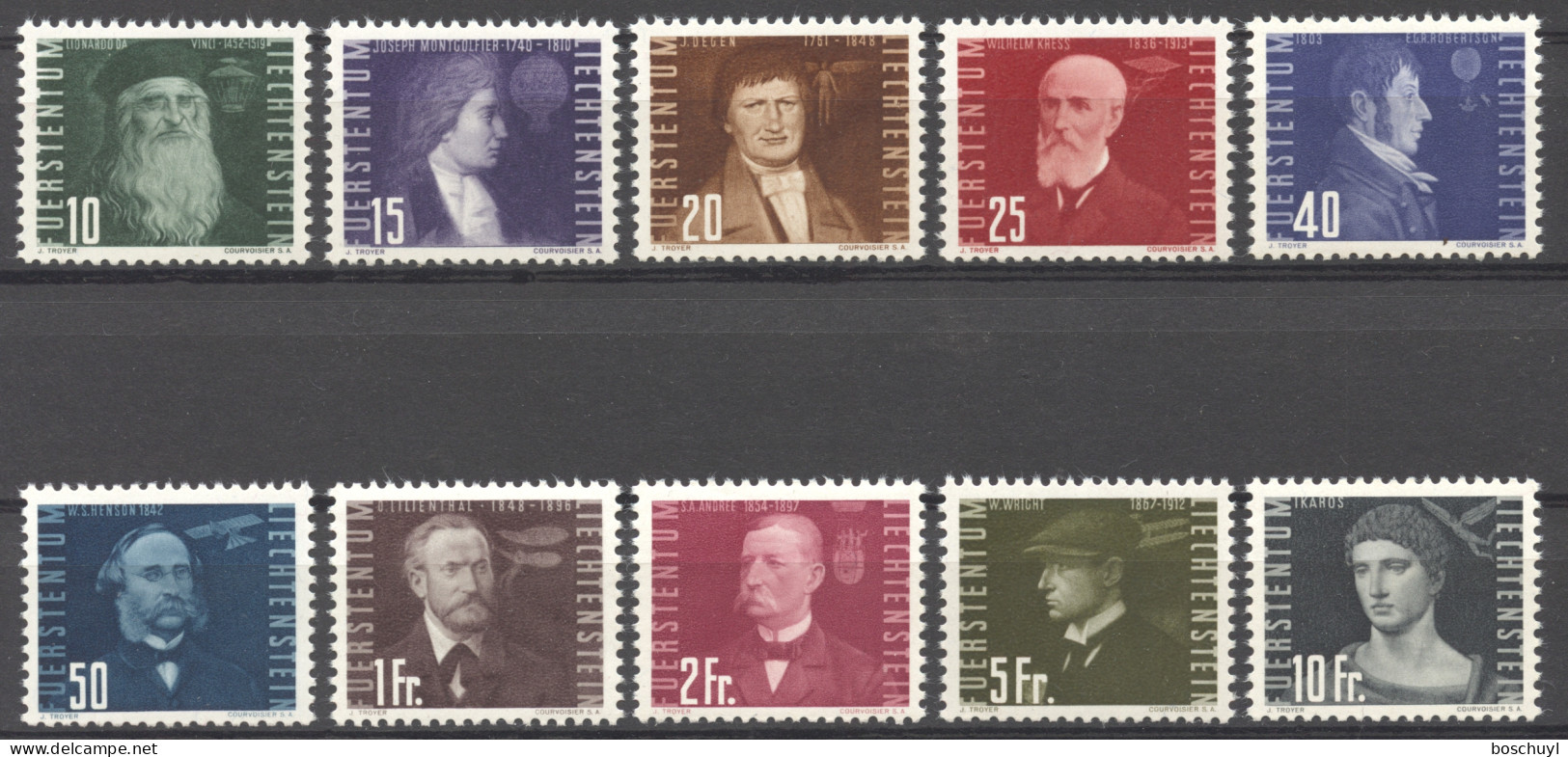 Liechtenstein, 1948,  Aviation Pioneers, Da Vinci, Icarus, Montgolfier, Lilienthal, Wright, MNH, Michel 257-266 - Ongebruikt