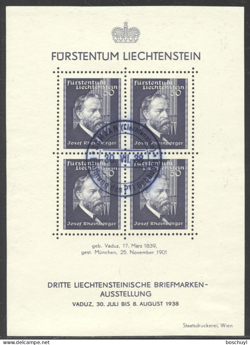 Liechtenstein, 1938, Rheinberger, Composer, Organ, Music, Stamp Exhibition, FD Cancelled, No Gum, Michel Block 3 - Blocks & Kleinbögen