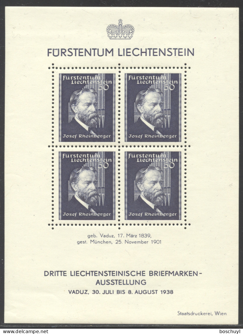 Liechtenstein, 1938, Rheinberger, Composer, Organ, Music, Stamp Exhibition, MNH, Signed, Michel Block 3 - Blocks & Kleinbögen