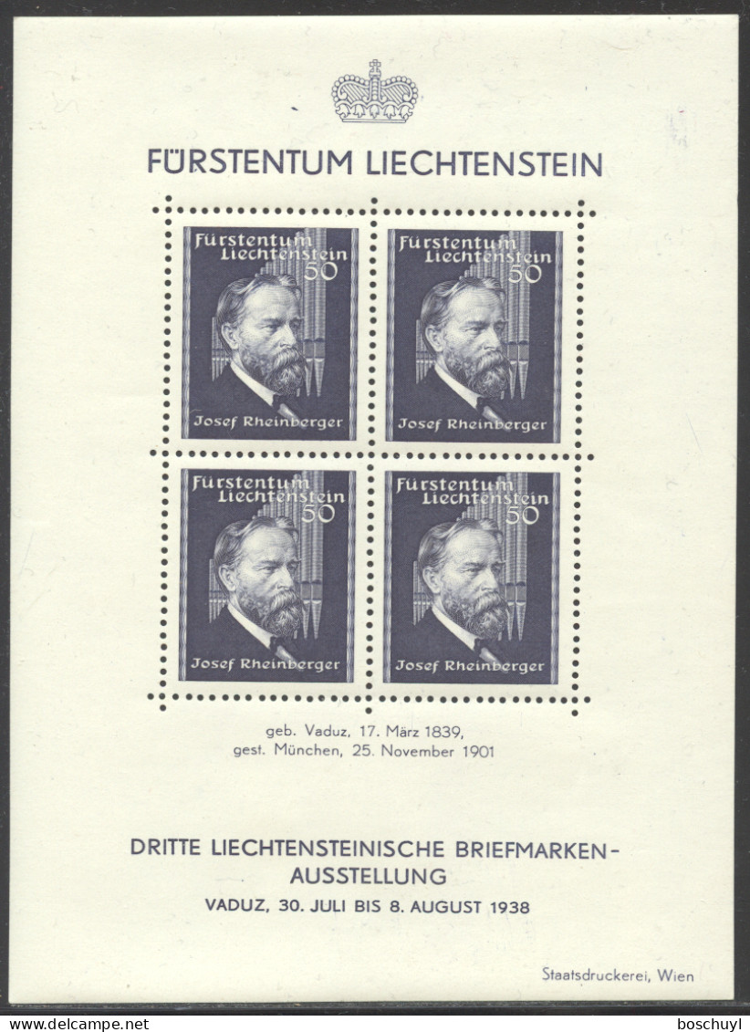 Liechtenstein, 1938, Rheinberger, Composer, Organ, Music, Stamp Exhibition, MNH, Michel Block 3 - Blocks & Kleinbögen