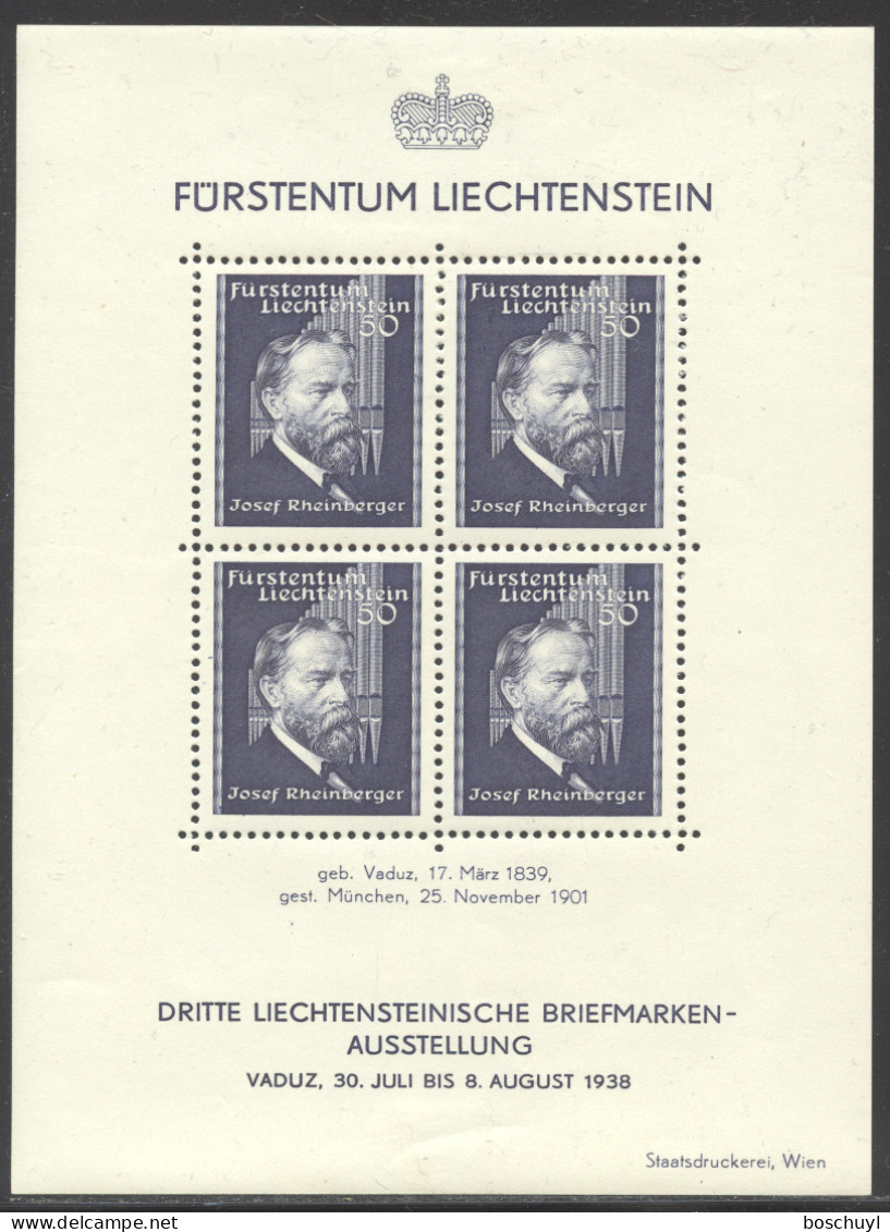 Liechtenstein, 1938, Rheinberger, Composer, Organ, Music, Stamp Exhibition, MLH, Michel Block 3 - Blocs & Feuillets