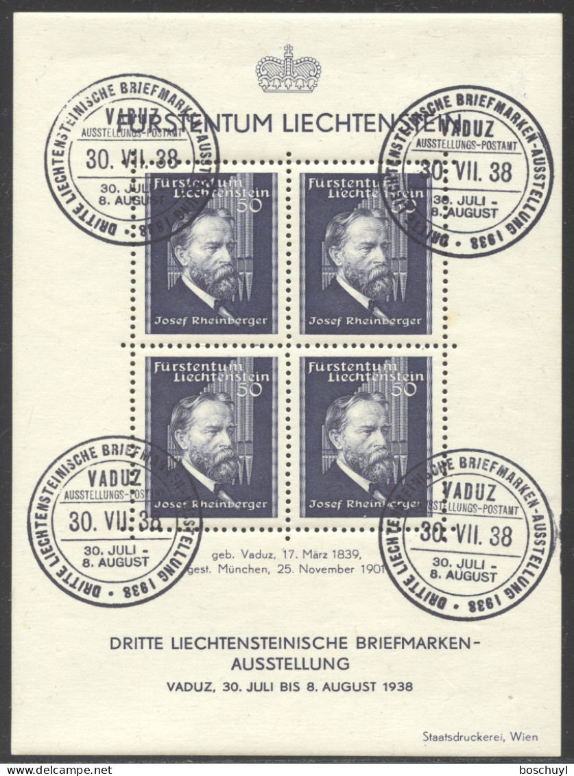 Liechtenstein, 1938, Rheinberger, Composer, Organ, Music, Stamp Exhibition, FD Cancelled, LH Gum, Michel Block 3 - Blocks & Sheetlets & Panes
