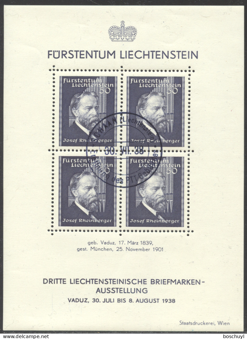 Liechtenstein, 1938, Rheinberger, Composer, Organ, Music, Stamp Exhibition, FD Cancelled, Full Gum, Michel Block 3 - Blocks & Kleinbögen