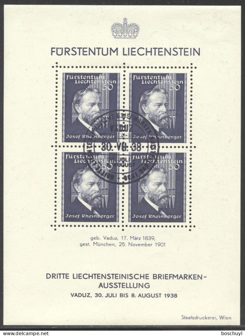 Liechtenstein, 1938, Rheinberger, Composer, Organ, Music, Stamp Exhibition, FD Cancelled, LH Gum, Michel Block 3 - Blocks & Sheetlets & Panes