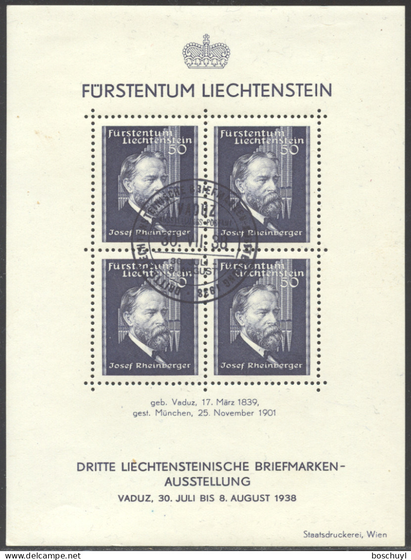 Liechtenstein, 1938, Rheinberger, Composer, Organ, Music, Stamp Exhibition, FD Cancelled, LH Gum, Michel Block 3 - Blocks & Sheetlets & Panes