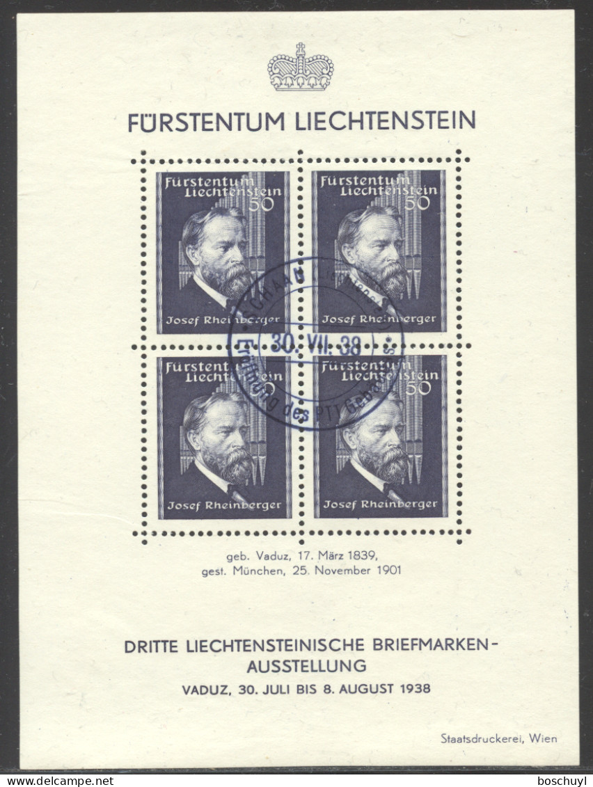 Liechtenstein, 1938, Rheinberger, Composer, Organ, Music, Stamp Exhibition, FD Cancelled, No Gum, Michel Block 3 - Blokken