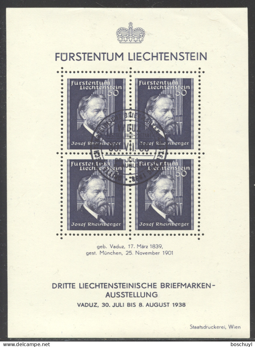 Liechtenstein, 1938, Rheinberger, Composer, Organ, Music, Stamp Exhibition, FD Cancelled, Gum, Folded UR, Michel Block 3 - Blocchi & Fogli