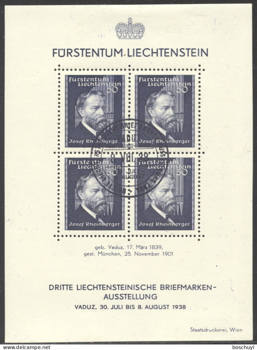 Liechtenstein, 1938, Rheinberger, Composer, Organ, Music, Stamp Exhibition, Cancelled, LH Gum, Michel Block 3 - Blocchi & Fogli