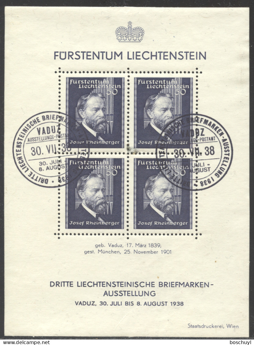 Liechtenstein, 1938, Rheinberger, Composer, Organ, Music, Stamp Exhibition, FD Cancelled, Full Gum, Michel Block 3 - Blocks & Kleinbögen