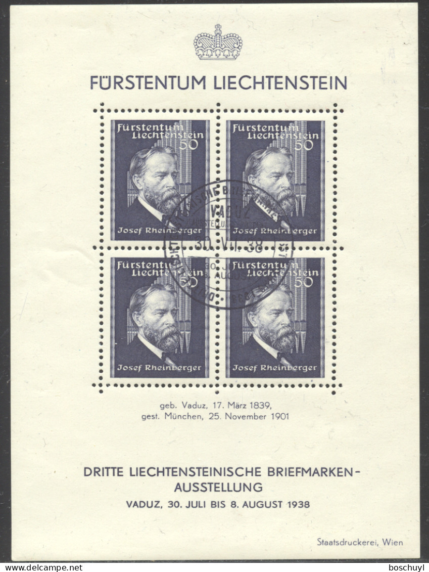 Liechtenstein, 1938, Rheinberger, Composer, Organ, Music, Stamp Exhibition, FD Cancelled, LH Gum, Michel Block 3 - Blocks & Sheetlets & Panes