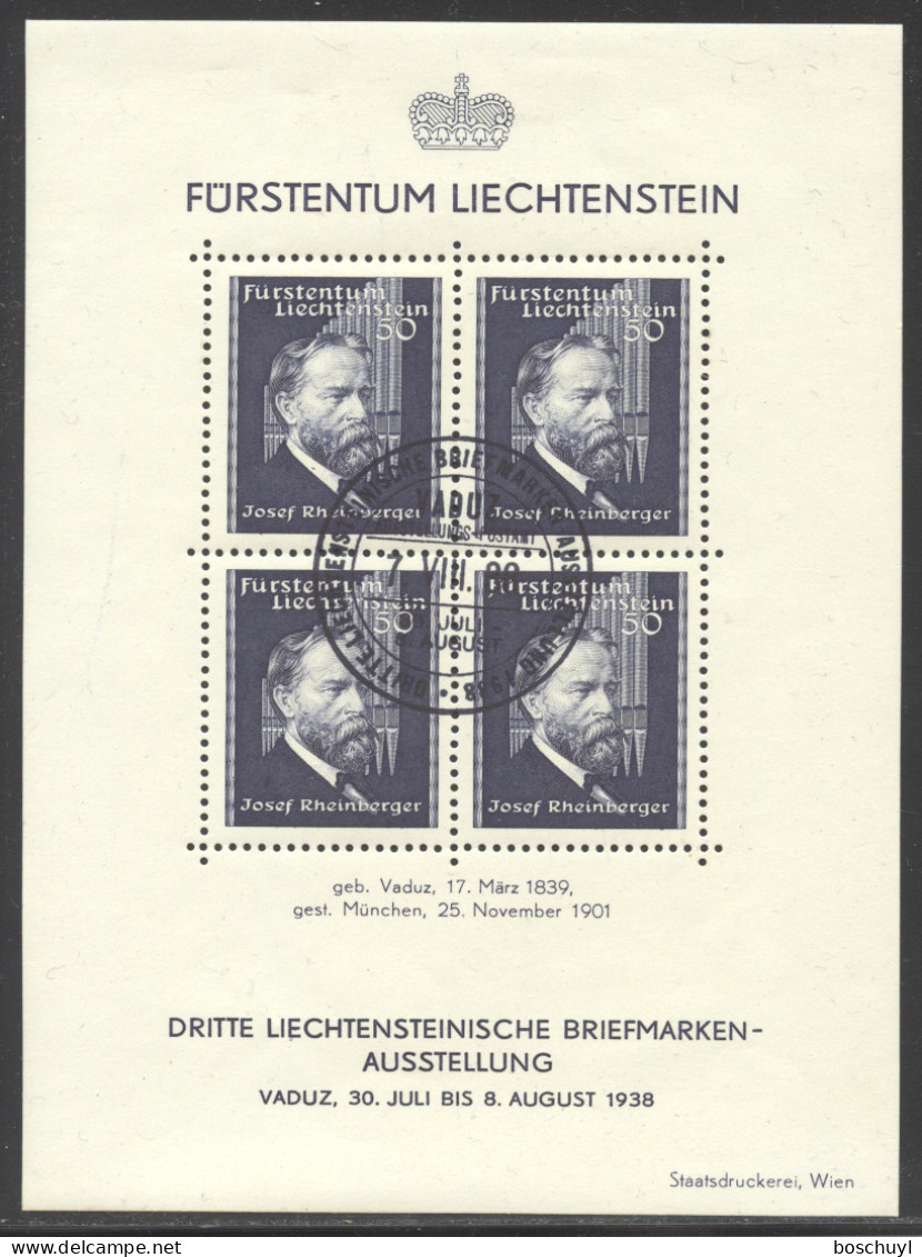 Liechtenstein, 1938, Rheinberger, Composer, Organ, Music, Stamp Exhibition, Cancelled, LH Gum, Michel Block 3 - Blocks & Kleinbögen