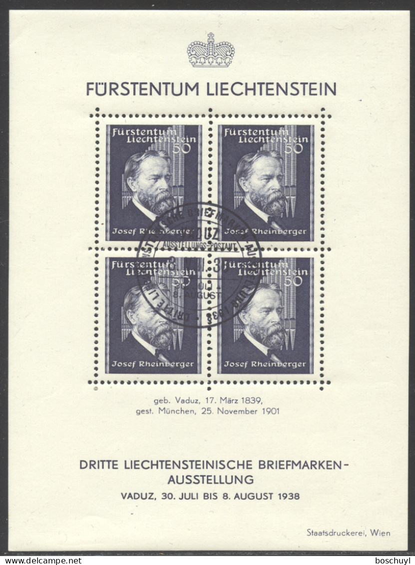 Liechtenstein, 1938, Rheinberger, Composer, Organ, Music, Stamp Exhibition, Cancelled, Full Gum, Michel Block 3 - Blocks & Sheetlets & Panes