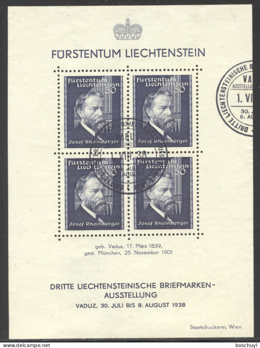 Liechtenstein, 1938, Rheinberger, Composer, Organ, Music, Stamp Exhibition, Cancelled, LH Gum, Michel Block 3 - Blocks & Kleinbögen