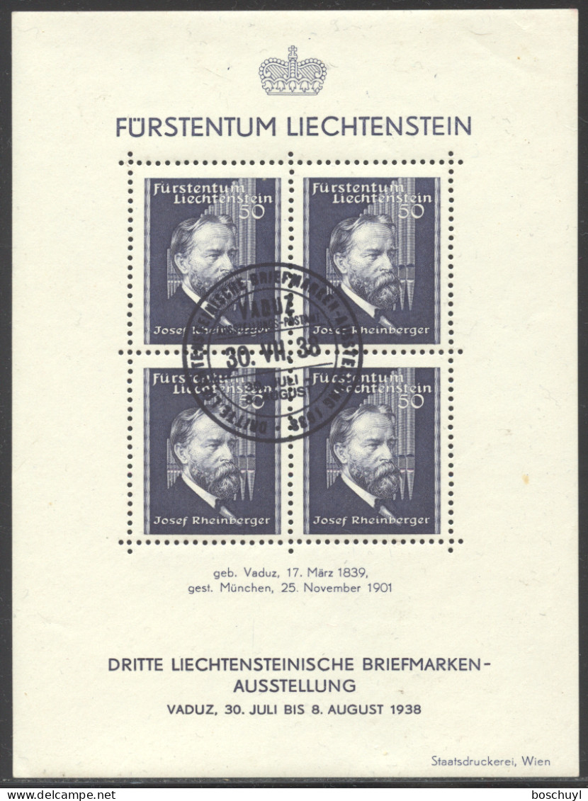Liechtenstein, 1938, Rheinberger, Composer, Organ, Music, Stamp Exhibition, FD Cancelled, Full Gum, Michel Block 3 - Blocks & Kleinbögen