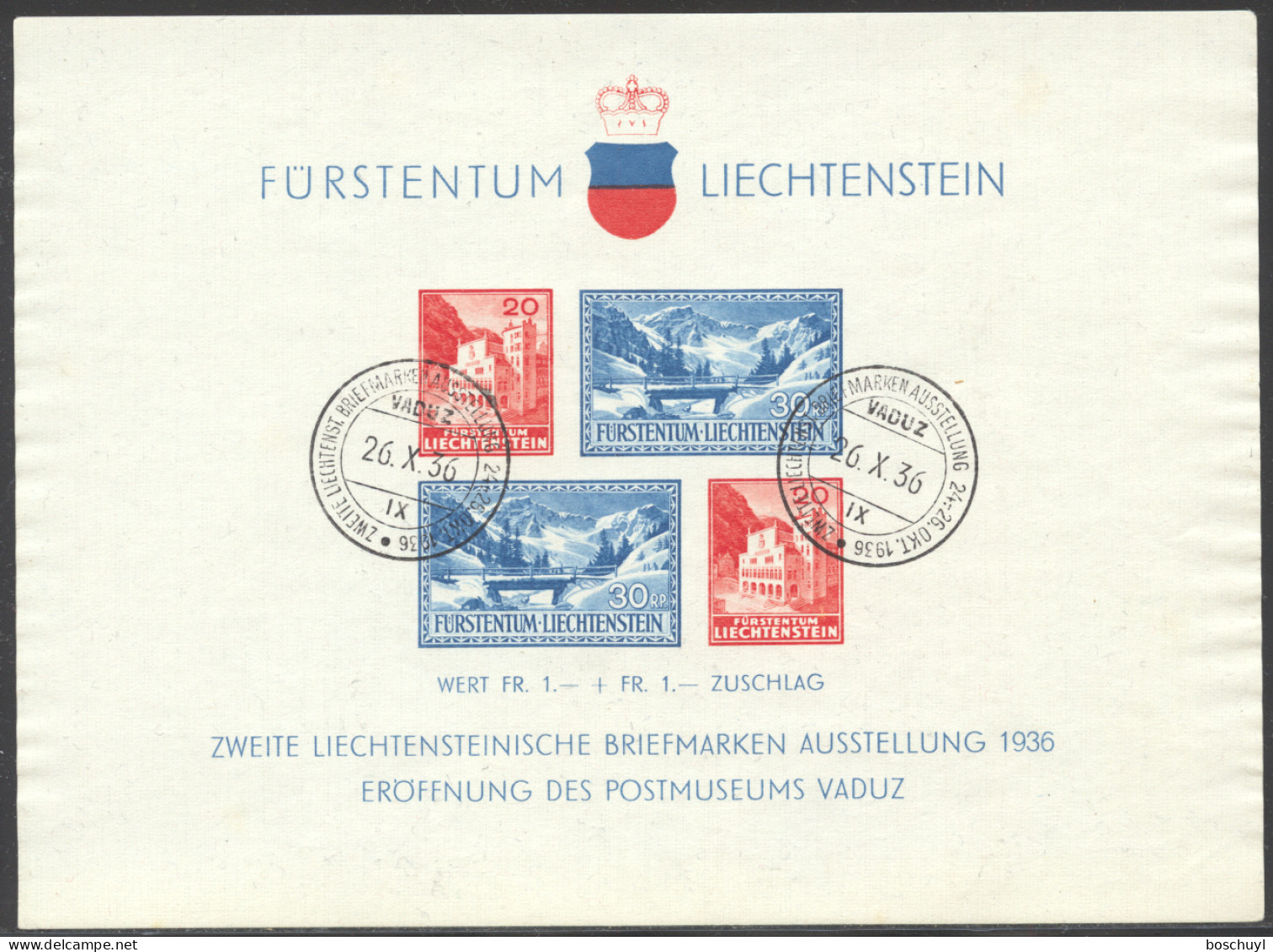 Liechtenstein, 1936, Postal Museum, Vaduz Philatelic Exhibition, Used, No Gum, Michel Block 2 - Blocks & Sheetlets & Panes