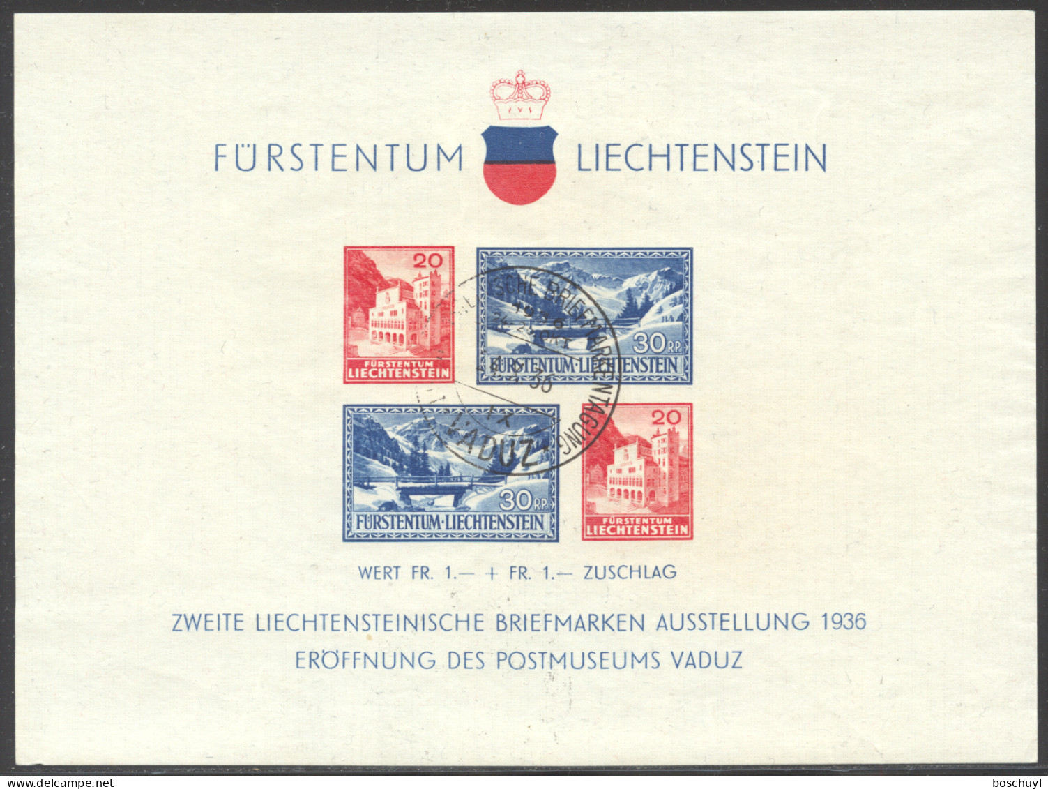 Liechtenstein, 1936, Postal Museum, Vaduz Philatelic Exhibition, Used, No Gum, Michel Block 2 - Blocks & Sheetlets & Panes