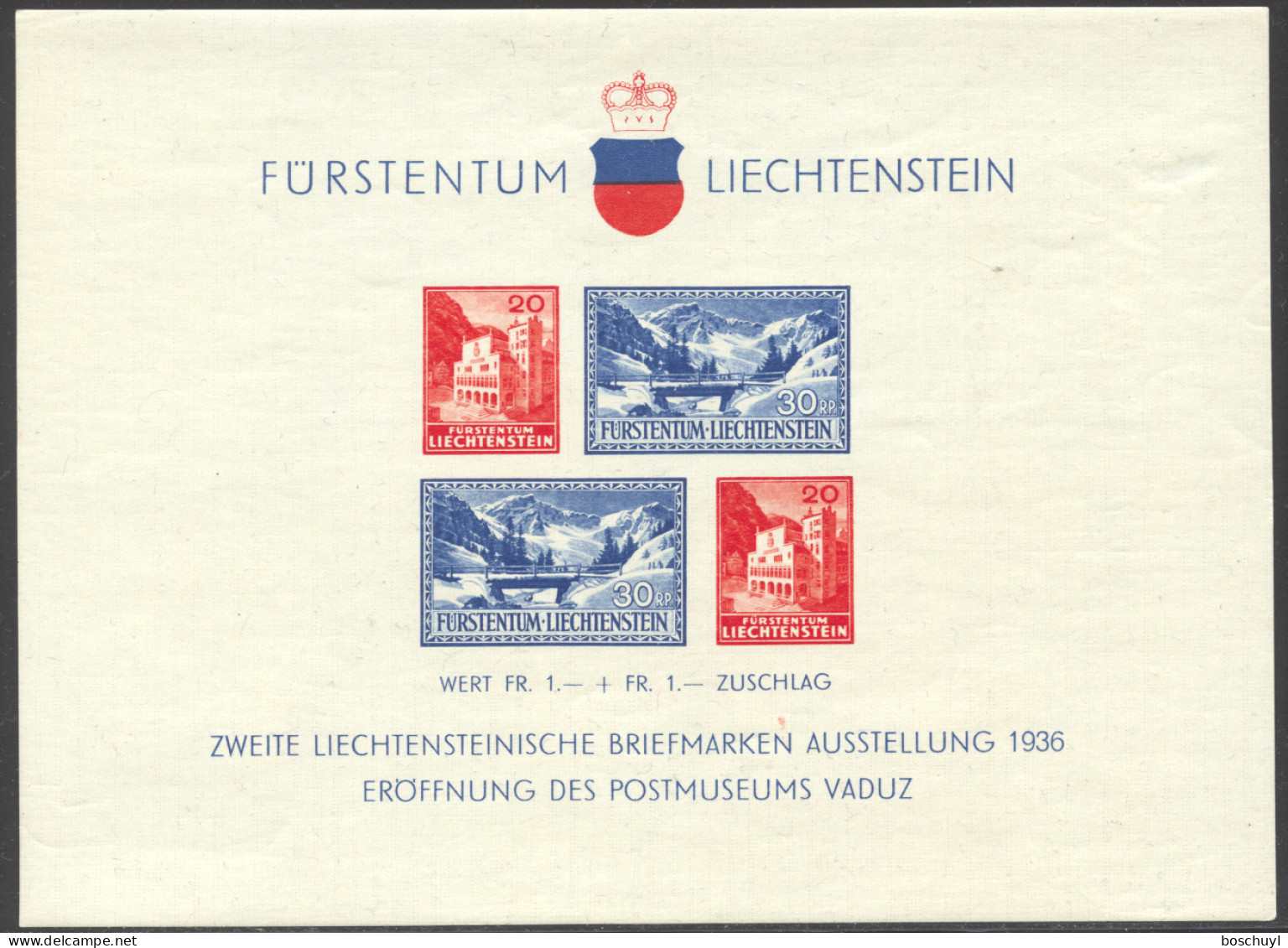 Liechtenstein, 1936, Postal Museum, Vaduz Philatelic Exhibition, MNH, Thin Spot, Michel Block 2 - Blocks & Sheetlets & Panes