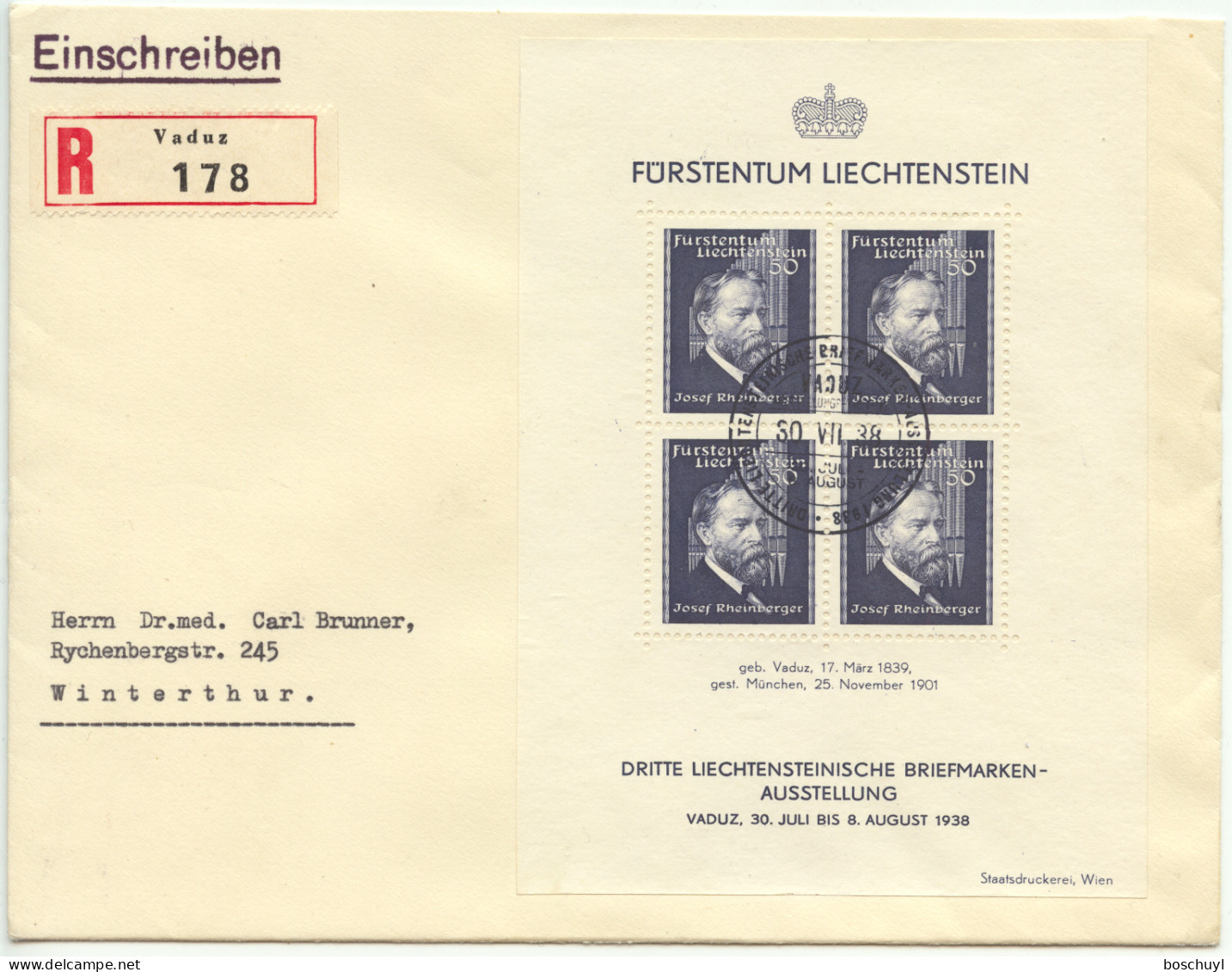 Liechtenstein, 1938, Rheinberger, Composer, Organ, Music, Stamp Exhibition, FD Used On Cover, Michel Block 3 - Covers & Documents