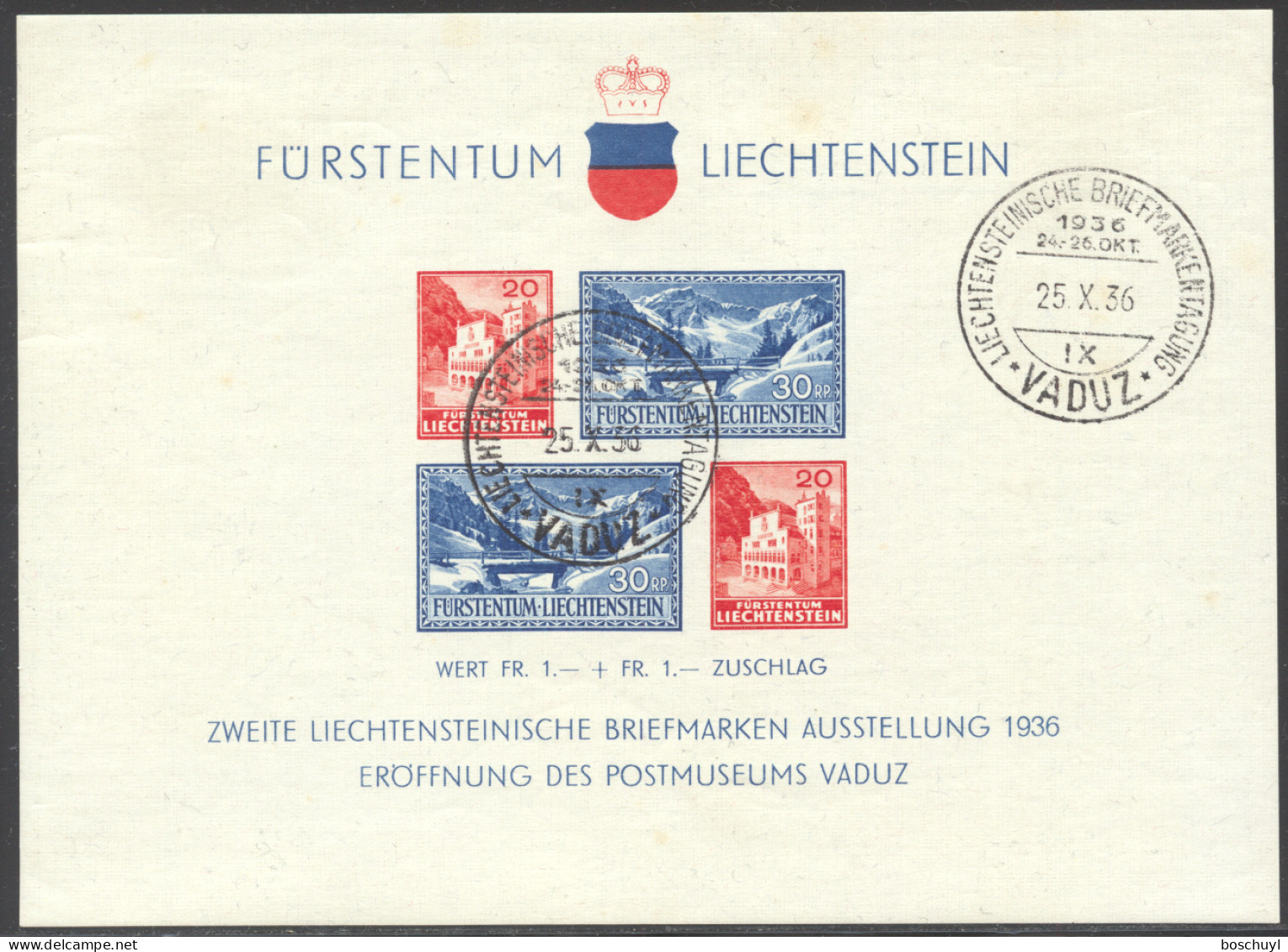 Liechtenstein, 1936, Postal Museum, Vaduz Philatelic Exhibition, Cancelled, LH Gum, Michel Block 2 - Blocks & Sheetlets & Panes