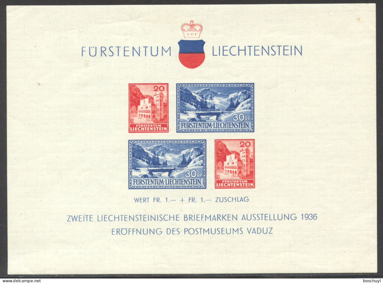 Liechtenstein, 1936, Postal Museum, Vaduz Philatelic Exhibition, MNH, Gum Defect, Michel Block 2 - Blocks & Sheetlets & Panes