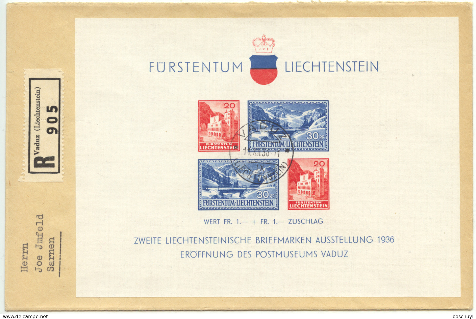 Liechtenstein, 1936, Postal Museum, Vaduz Philatelic Exhibition, Used On Cover, Michel Block 2 - Storia Postale