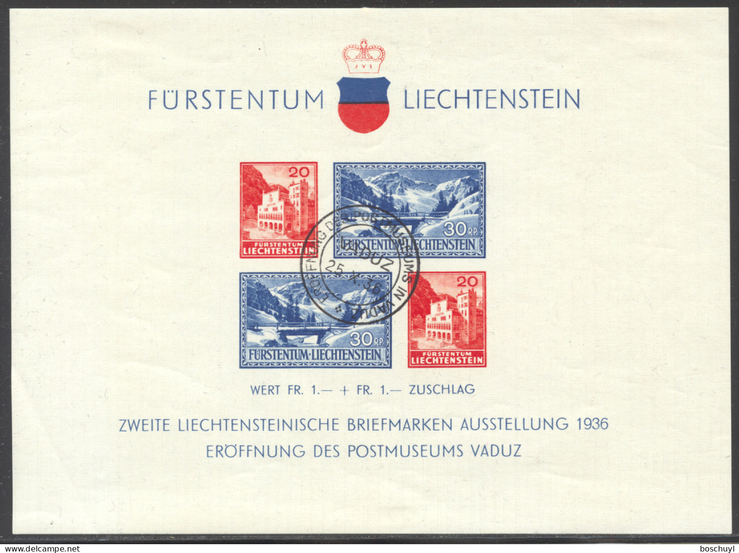 Liechtenstein, 1936, Postal Museum, Vaduz Philatelic Exhibition, Cancelled, Hinged Gum, Michel Block 2 - Blocchi & Fogli