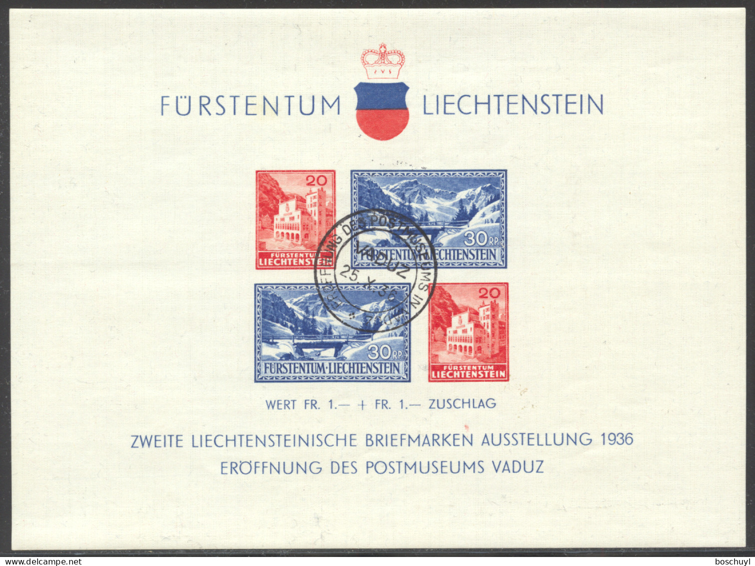 Liechtenstein, 1936, Postal Museum, Vaduz Philatelic Exhibition, Cancelled, Full Gum, Michel Block 2 - Blocs & Feuillets