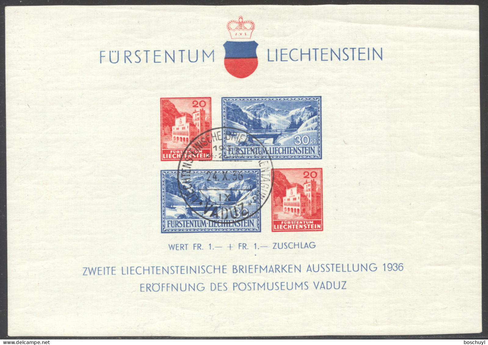 Liechtenstein, 1936, Postal Museum, Vaduz Philatelic Exhibition, Cancelled, Full Gum, Michel Block 2 - Blocks & Kleinbögen