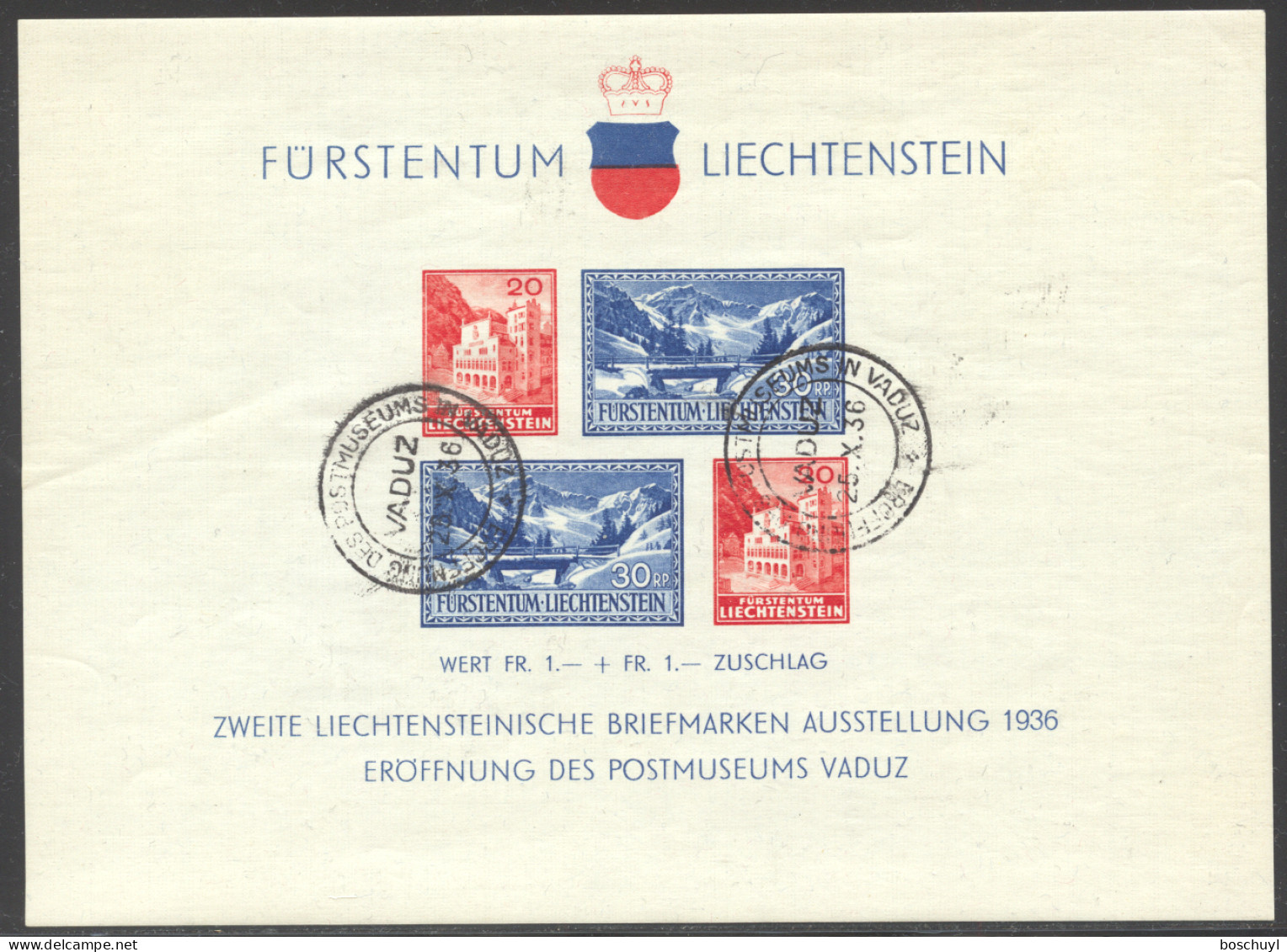 Liechtenstein, 1936, Postal Museum, Vaduz Philatelic Exhibition, Cancelled, Full Gum, Michel Block 2 - Blocks & Kleinbögen