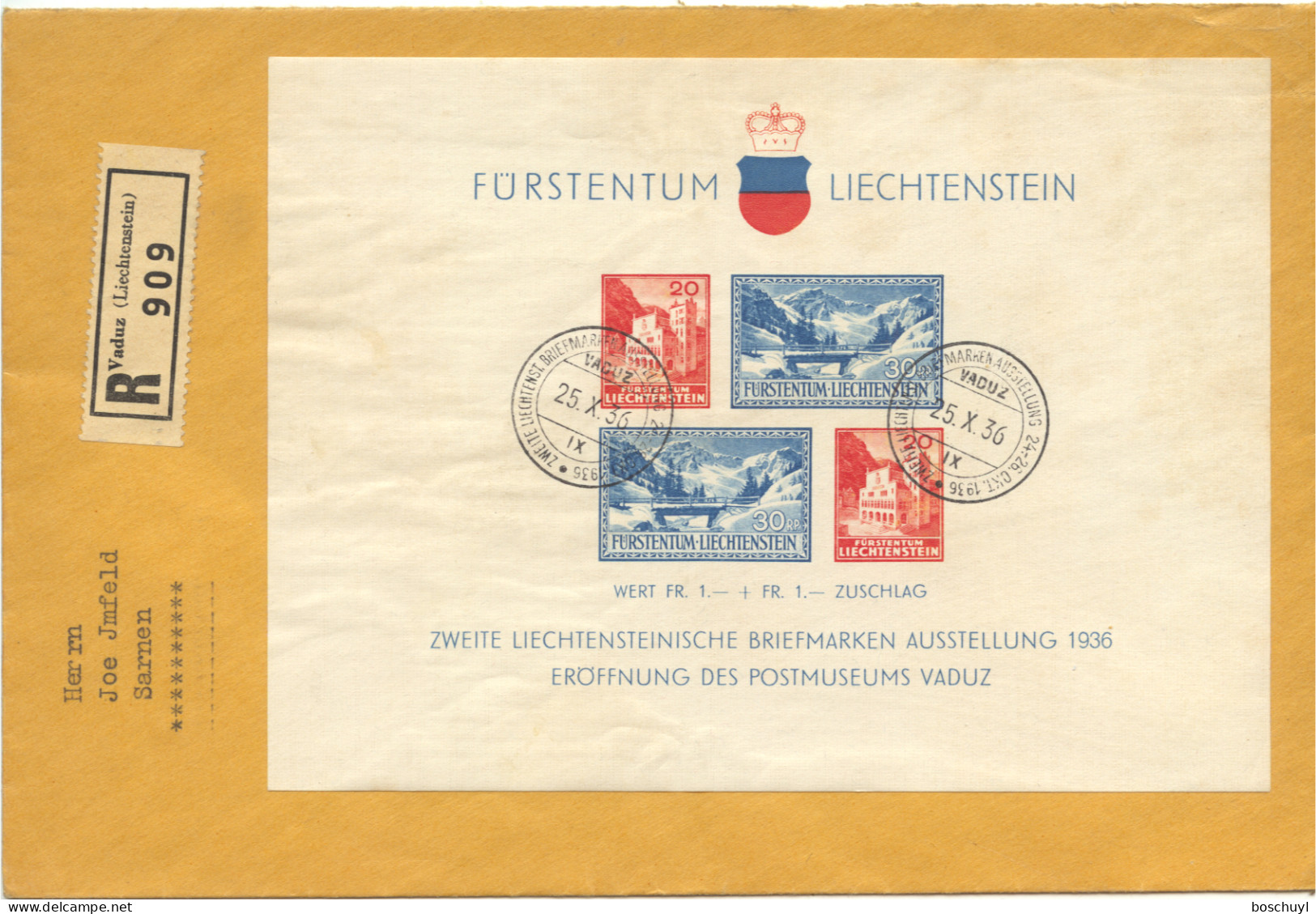 Liechtenstein, 1936, Postal Museum, Vaduz Philatelic Exhibition, Used On Cover, Michel Block 2 - Cartas & Documentos