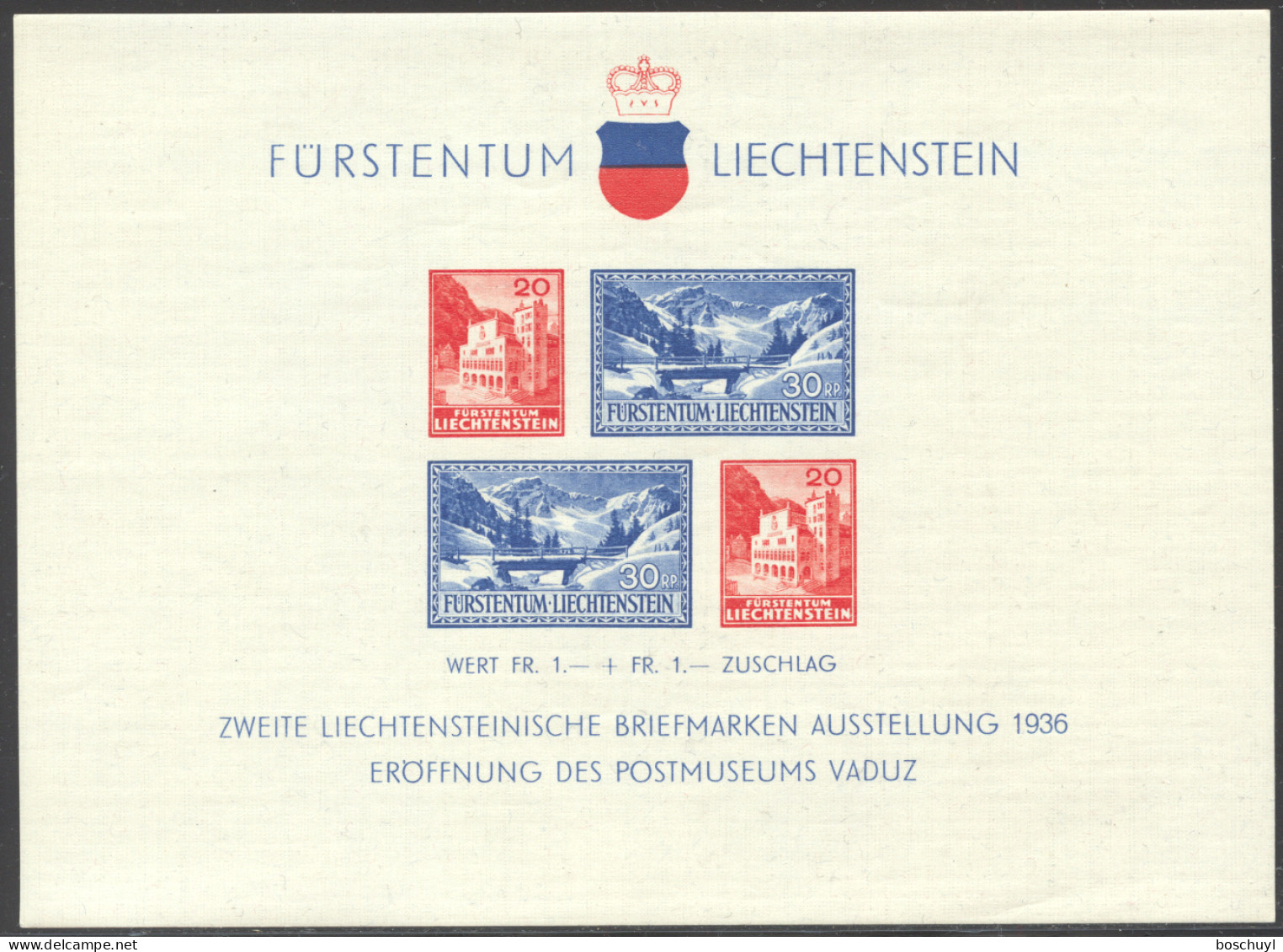 Liechtenstein, 1936, Postal Museum, Vaduz Philatelic Exhibition, MNH, Michel Block 2 - Blocks & Sheetlets & Panes