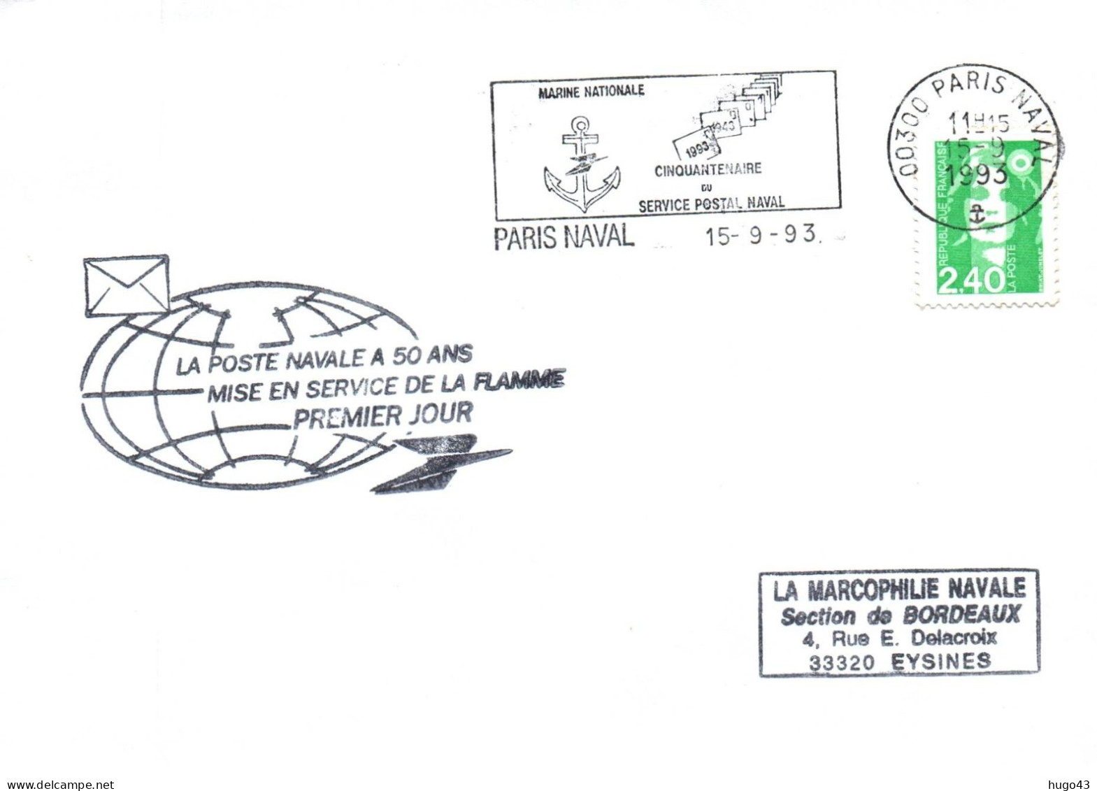 ENVELOPPE AVEC CACHET LA POSTE NAVALE A 50 ANS LE 15/09/1993 - FLAMME PARIS NAVAL - Poste Navale