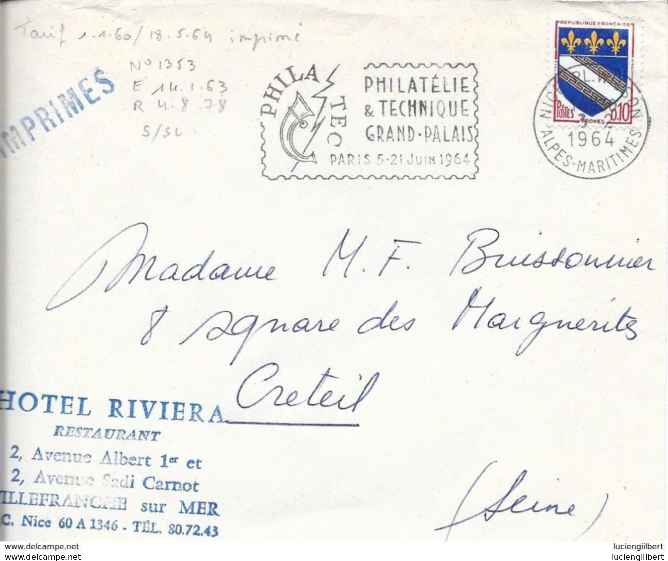 ALPES MARITIMES 06 - NICE  - PHILATEC PHILATELIE TECHNIQUE GRAND PALAIS PARIS 5 21 JUIN 1964 - BELLE RAPPE - Maschinenstempel (Werbestempel)