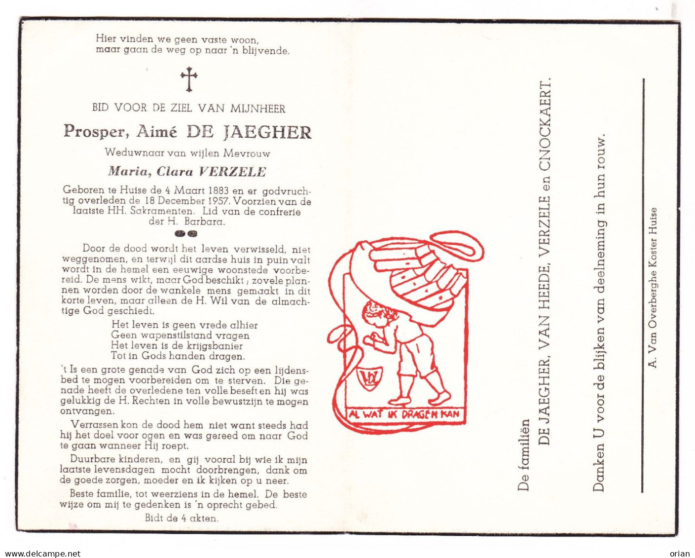 DP Prosper Aimé De Jaegher ° Huise Zingem 1883 † 1957 X Maria Clara Verzele // Van Heede Cnockaert - Devotion Images