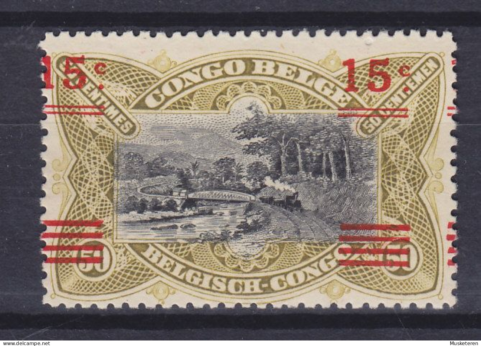 Belgian Congo 1921 Mi. 48, 15c. Auf 50c. Eisenbahnbrücke ERROR Variety 'Shifted' Overprinted Aufdruck, MH* (2 Scans) - Nuevos