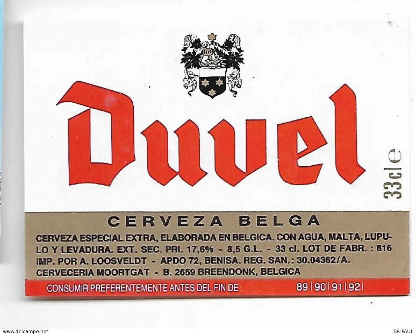 ETIQUETTE BIERE DUVEL / BR. MOORGAT / 2870 BRENDONK - Beer