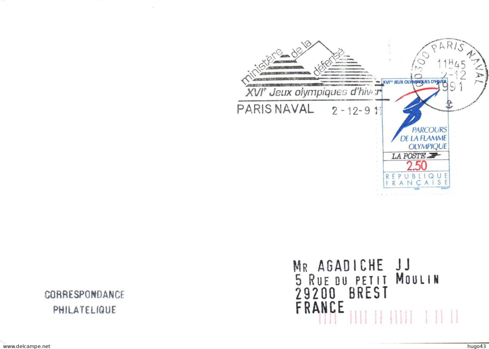 ENVELOPPE AVEC FLAMME PARIS NAVAL LE 02/12/1991 - XVIe JEUX OLYMPIQUES D' HIVER EN 1992 - Naval Post