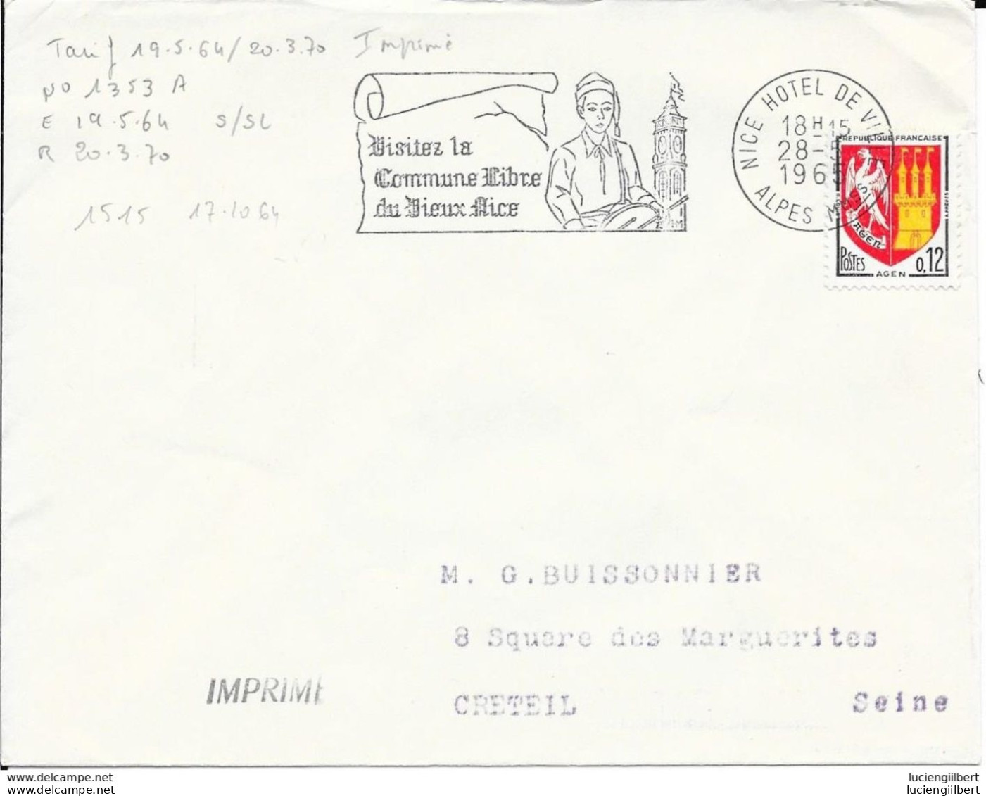 ALPES MARITIMES 06  -  NICE HOTEL DE VILLE - FLAMME N° 1515  VISITEZ LA COMMUNE LIBRE DU VIEUX NICE- 1965 - TP N° 1353A - Mechanical Postmarks (Advertisement)