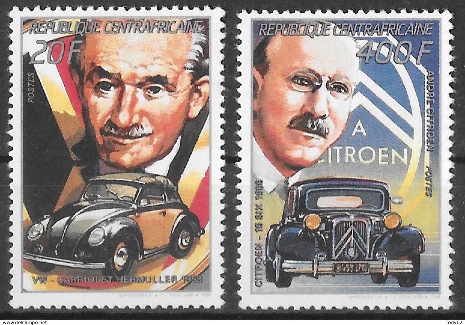 CENTRAFRIQUE - GRANDS CONSTRUCTEURS AUTOMOBILES - J. HEBMULLER ET A. CITROEN - N° 799 ET 800 - NEUF** MNH - Coches