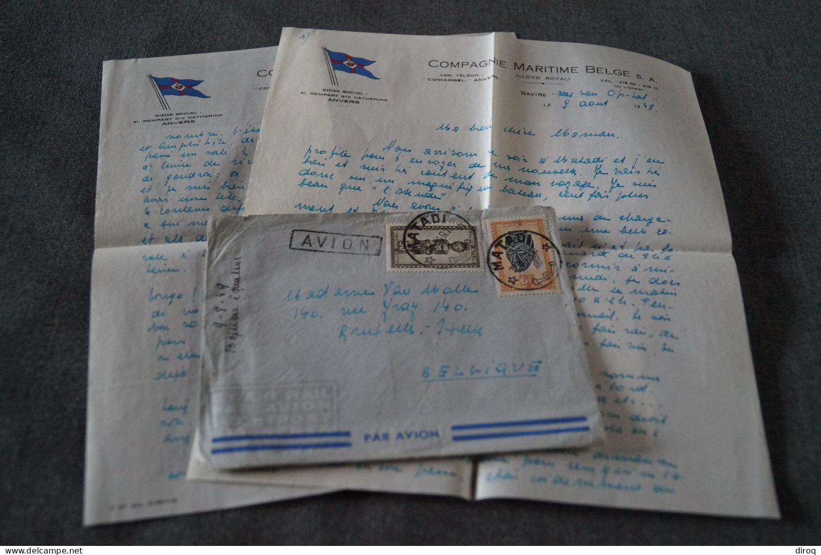 Très Bel Envoi Congo Belge,compagnie Maritime Belge,Matadi,1949, + Courrier, Pour Collection - Brieven En Documenten